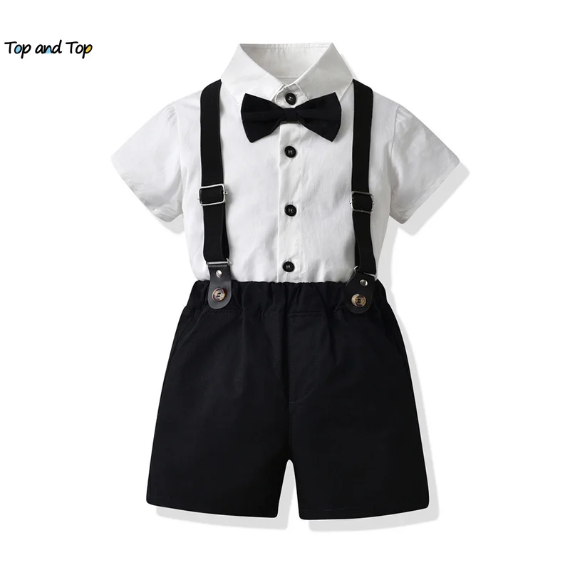 top ands top Toddler Boys Casual Clothing Set Kids Boy Short Sleeve Bowtie Shirt+Suspenders Shorts Clothes Formal Suit 2Pcs