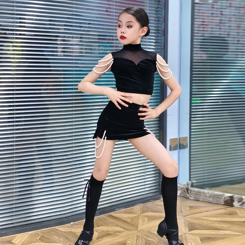 Roupas de dança latina de veludo sem mangas para meninas e meninos ternos de prática de detalhes de pérola para primavera verão prática de dança