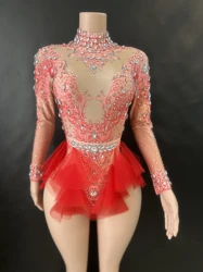 Fashion Rhinestone pink red Ruffle BodysuitWomen Big Stretch nightclub Prom Bar concertcostume Stage Singer Show dance 7G