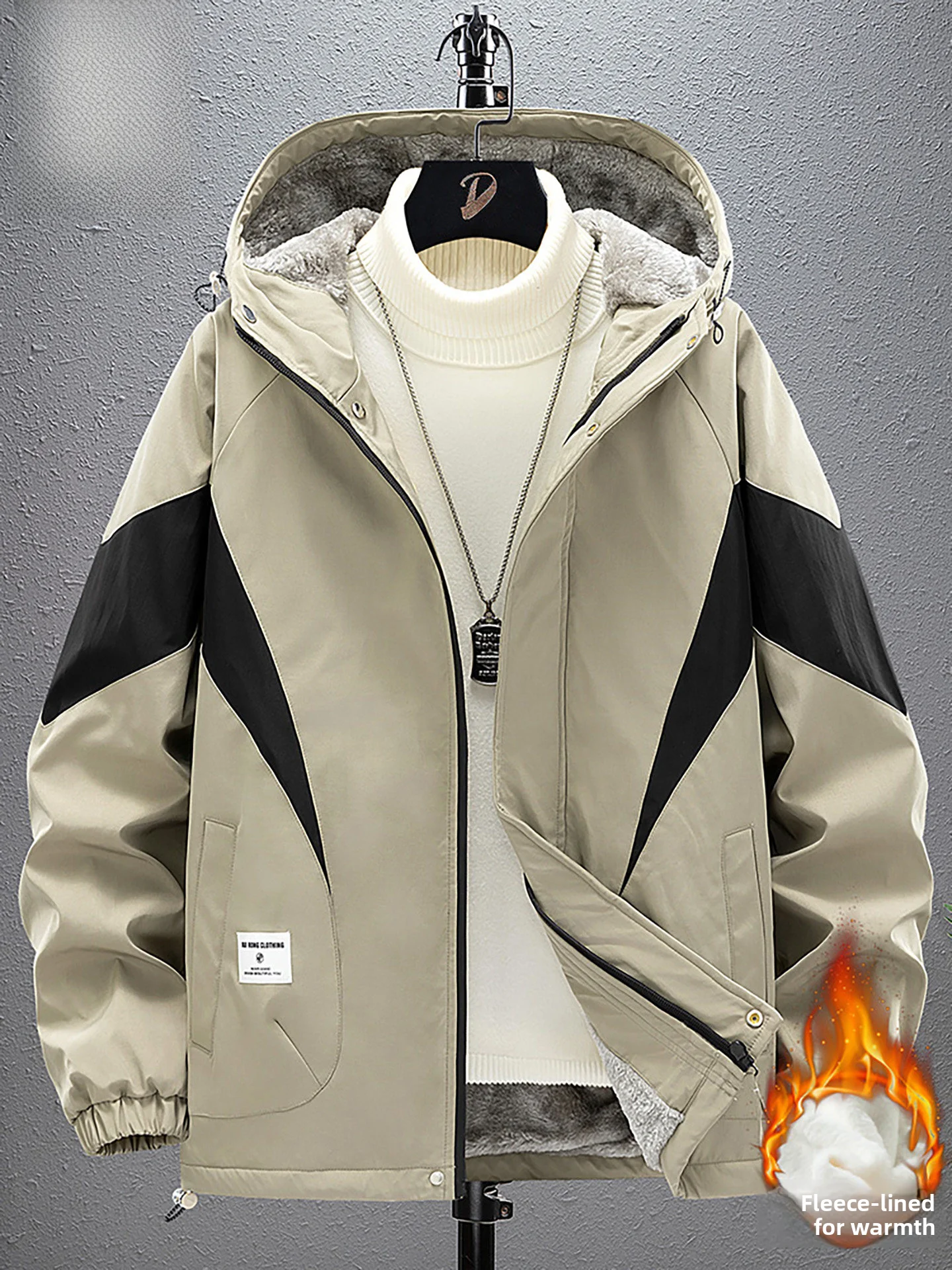 

Nanilu Thickened Fleece Lined Zipper Hooded Men's Cotton Jacket Windproof Warm Casual Fashion Urban Style Polyester Fabric