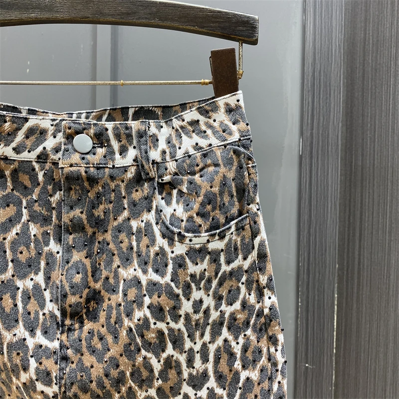 Diamond Leopard Print Straight Denim Skirt Casual Street Fashion High Waist Split Hip Wrap Long Skirt Trendy Clothing