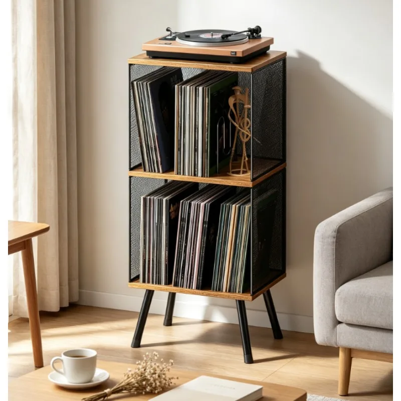 Vinyl Record Storage Shelf Two-Tier Rustic Wood Crate with Adjustable Dividers for Classical Music LP Collection, Home Organizer