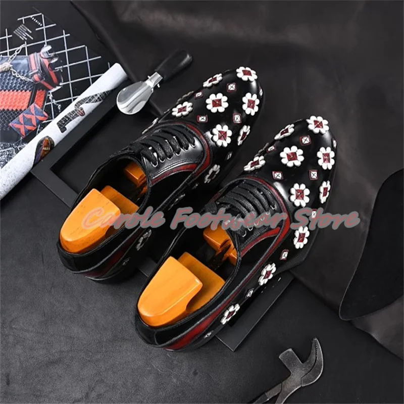 Fashion Flowers Splicing Genuine Leather Loafers Male Mixed Color Chunky Heel Lace-Up Derby Shoes Wedding Business Dress Oxfords