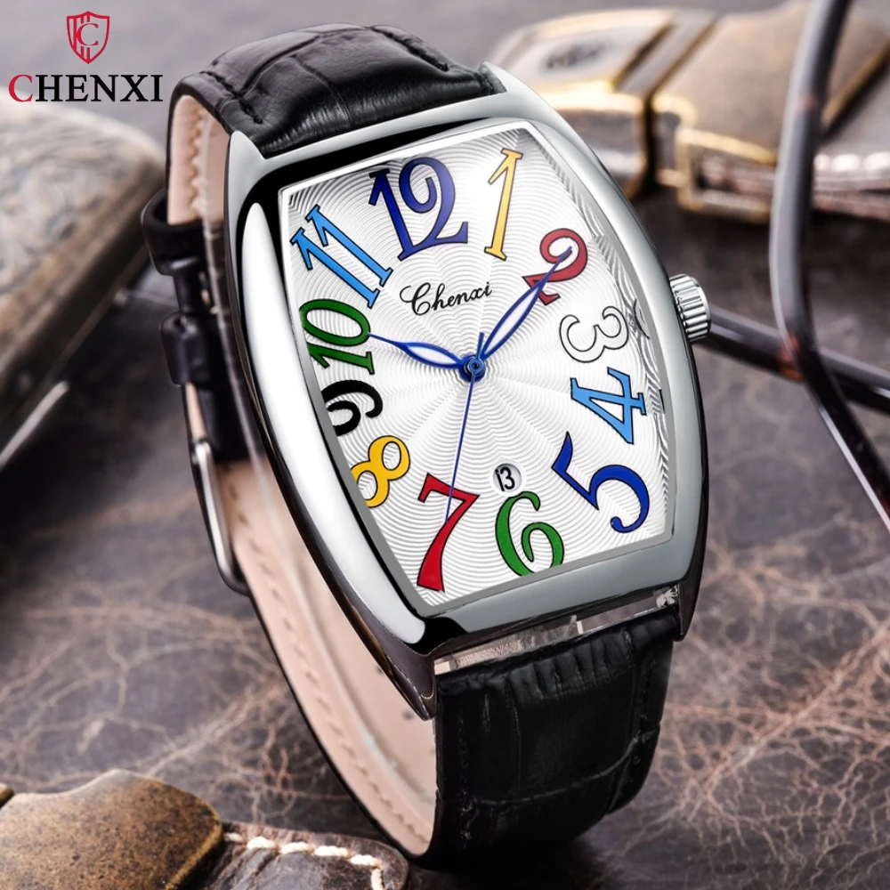 CHENXI Mens Watches Luminous Curved Glass Date Business Leather Strap Quartz Male Boy Gift Clock Relogio Masculino