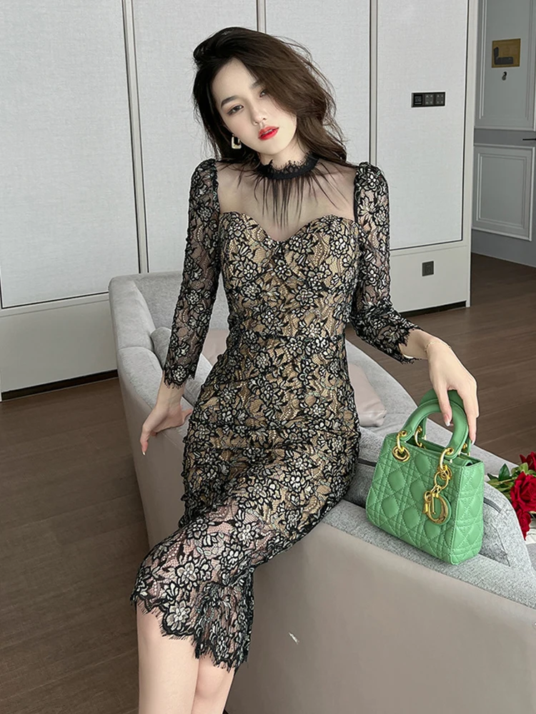 Lace See Through Tull Dress Women Long Sleeve Midi Slim Hook Flower Hollow Pencil Robe Femme Sexy Elegant Party Vestidos Spring