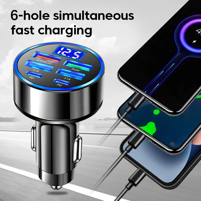 Car Charger 6 Ports USB PD 3.0 Type-C Super Fast Charging Adapter for IPhone 15 Samsung S24 Xiaomi Phone Quick Chargers in Car