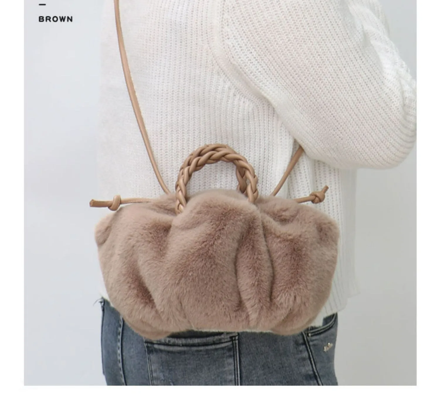 Autumn and winter versatile simple solid color portable hair bag women's autumn and winter new pleated cloud bag high-end plush