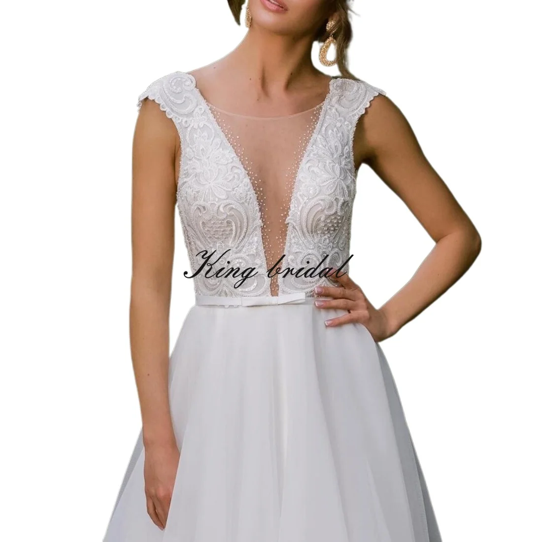 Embroidered Tulle Wedding Gown A Line Backless Wedding Dress Open Back Gown Custom Lace simple a line dress Bridal Gowns Gown