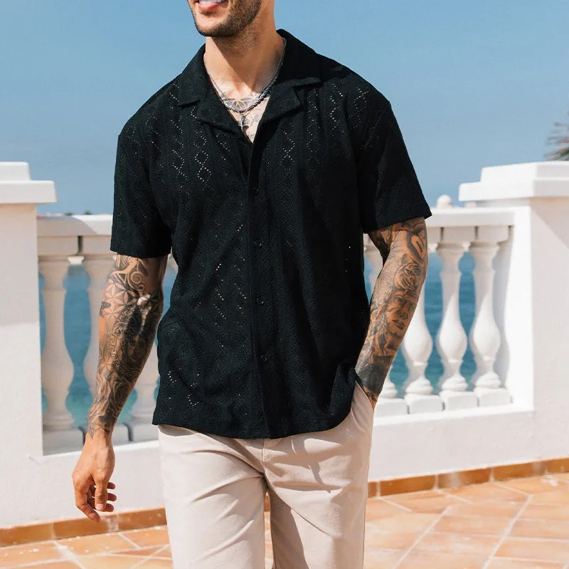 

Men's Summer Hollow Out Short Sleeve Cuban Collar Shirt Casual Breathable Top