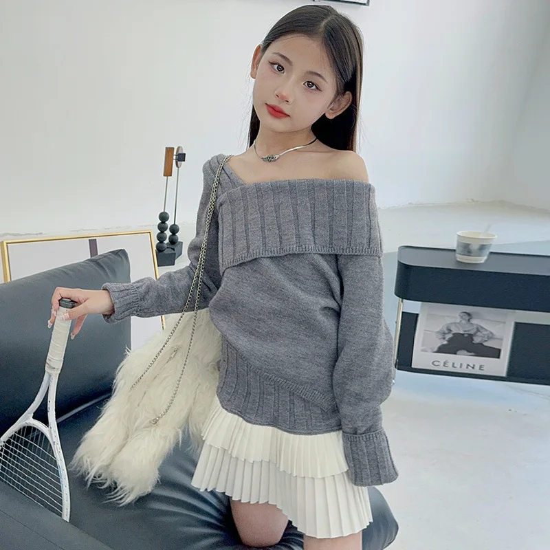 Girls Gray Sweater Top Korean Version Foreign Style Off-the-shoulder Sweater Knitted Top Autumn 2024 New Fashion Sweater Top