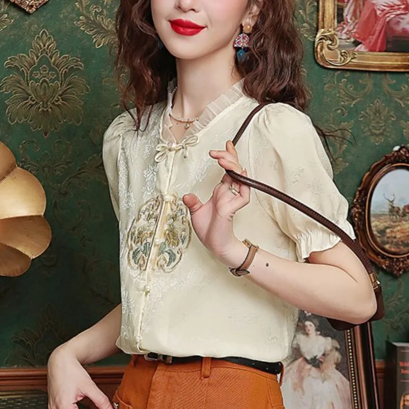 Chinese Style Summer Stand Collar Women's Embroid Frog Lace Patchwork Fashion Elegant Short Sleeve Loose Chiffon Shirt Tops