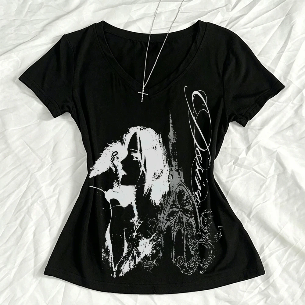 Japanese Y2k Kitty Women's V-neck 2000s Top Emo Women's T-shirt Gothic Pattern T-shirt Y2k Women's Top