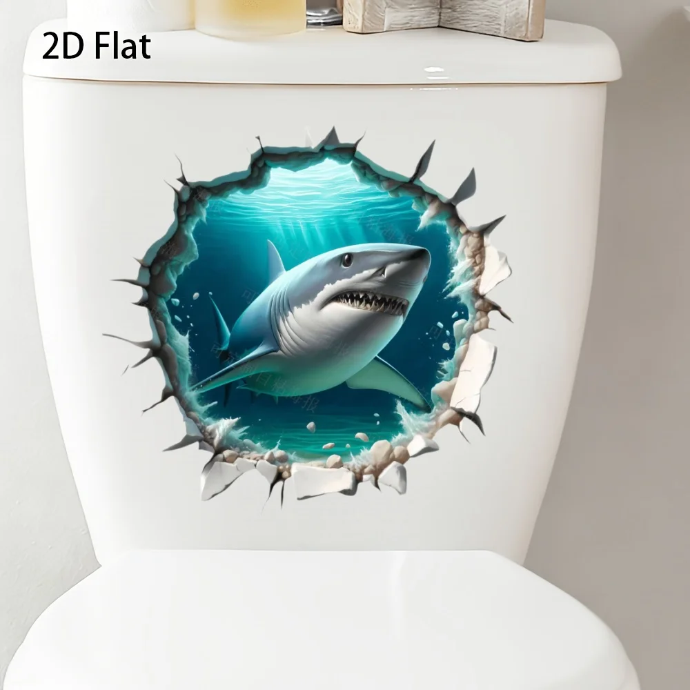 Broken‑Wall Underwater Great White Shark Toilet Decor Sticker Size 20x20cm 2D Flat Printed To Create 3D Through‑Wall Visual Effe