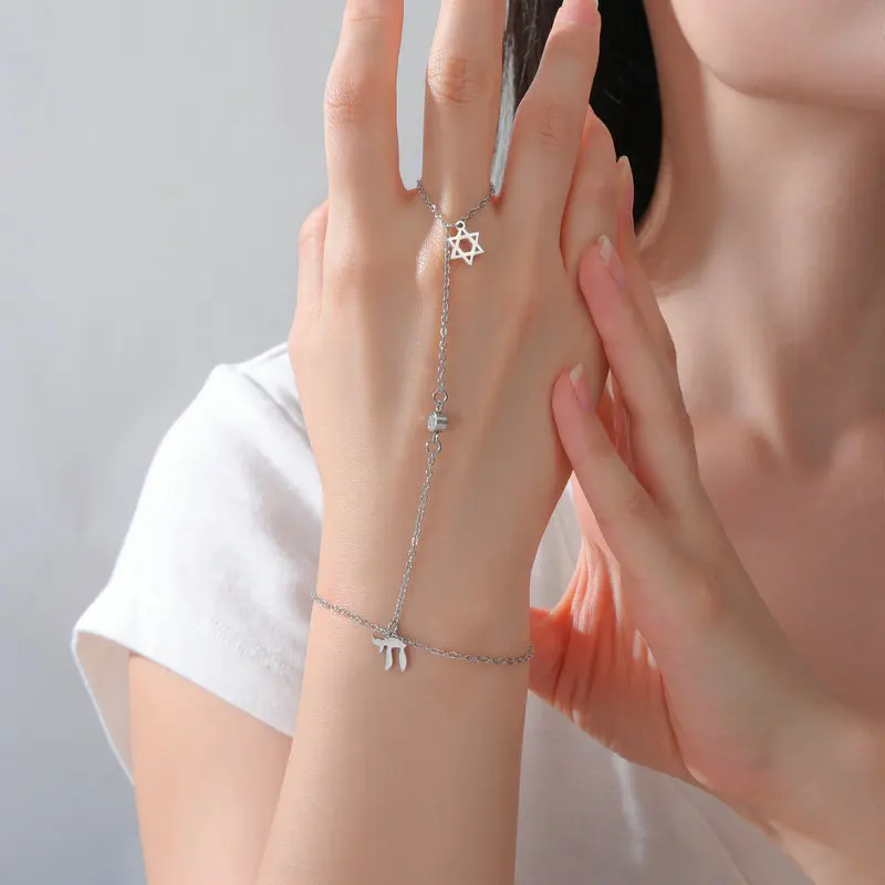 Jüdischer Davidstern Hebräischer Buchstabe Chai Fingerarmband Edelstahl Verstellbares Hexagramm Zirkon Armbänder Amulett Schmuck – Detail 11