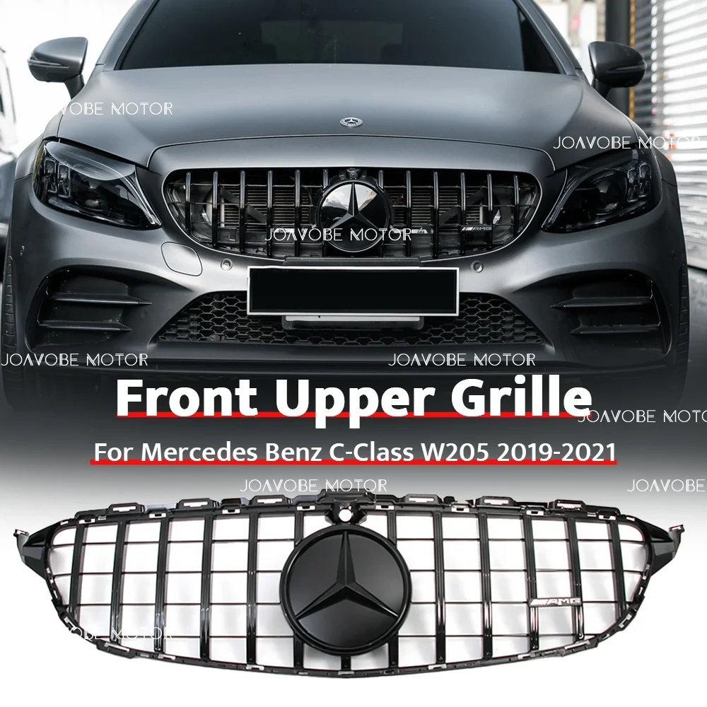 

Glossy Black GTR Style Front Grille W/Black Newest 3D Emblem For Mercedes Benz C-Class W205 S205 C205 A205 2019-21 W/360 Camera