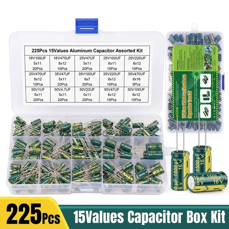 

225pcs Direct Plug-in Aluminum Electrolytic Capacitor Pack 16V/50V(0.1uF~470uF) Mixed Boxed Home Appliance Repair DIY