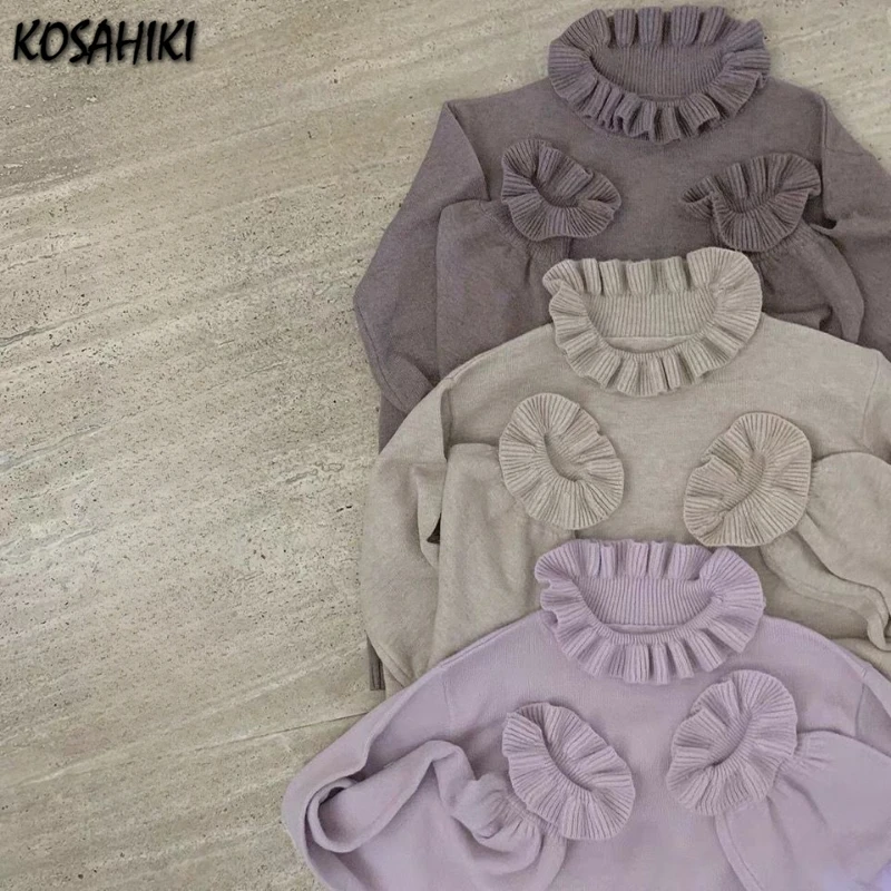 

Осень 2022, вязаный свитер в консервативном стиле Harajuku, милые свободные простые джемперы Y2k, эстетичный воротник с рюшами, однотонный пуловер в стиле гранж