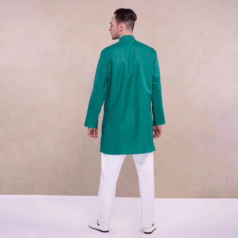 Kurta India Costume Kurtis Ethnic South Asian Style Green Shirt White Pants Hindu Clothes Cotton Kurtha Indian Clothing for Men