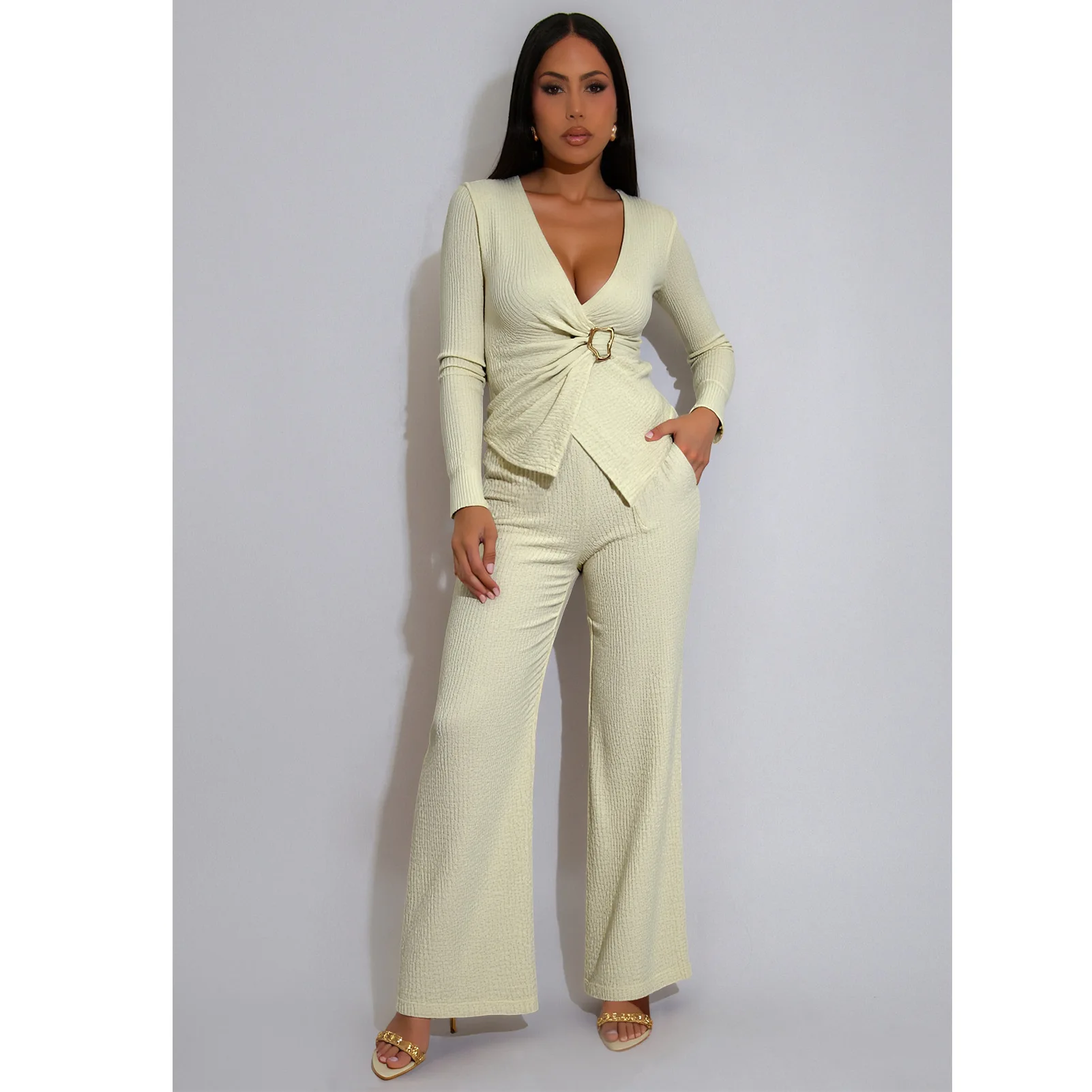 Elegant Office Lady Casual Chic Solid Damespak Metalen knop Slanke blouse Tops Wijde pijpen Broek Tweedelige mode 2025, herfstsets