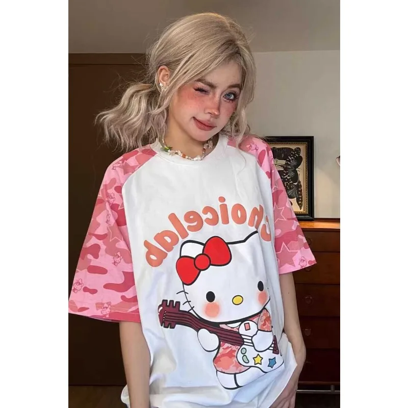 3D Printed American Sweet Cool Contrasting Camouflage Hello Kitty Quick Drying Short Sleeved T-shirt for Women