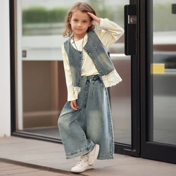 Girls Clothing Set Denim Vest White T-shirt Jeans 3pcs Teen Children Costumes Fashion Loose Daily Casual Kids Outfits 10 12 Year