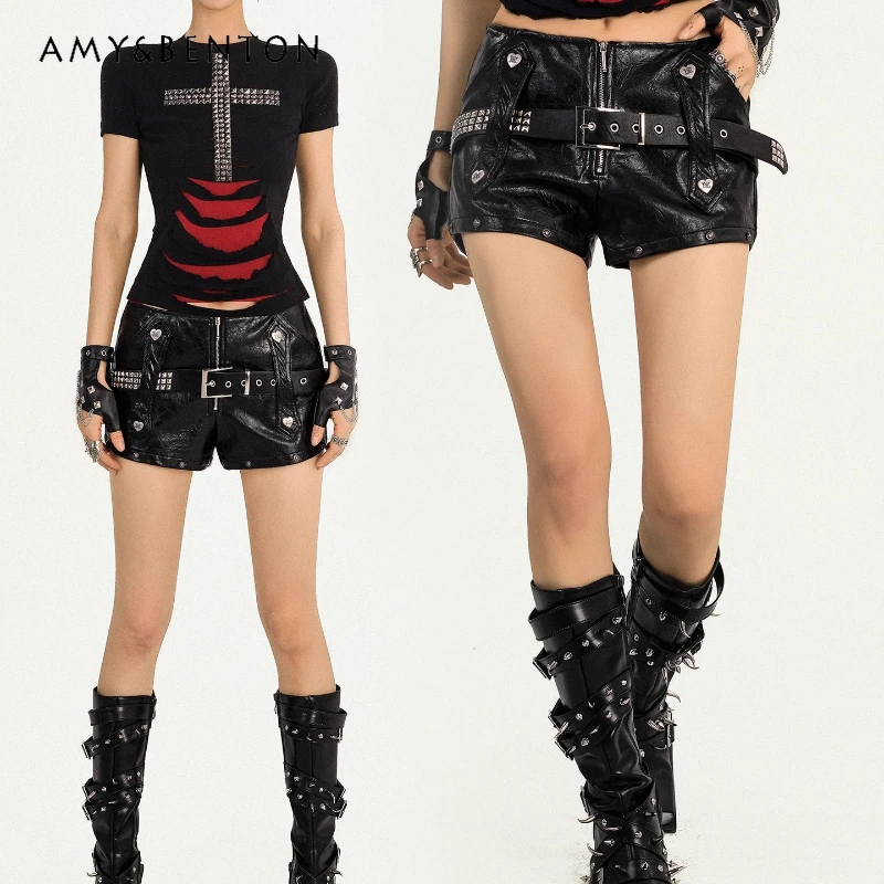 

Original 2025 New Locomotive Sweet Cool Hot Girl Low Waist Women's Leather Shorts American Punk Rock Slimming Hot Pants Ladies