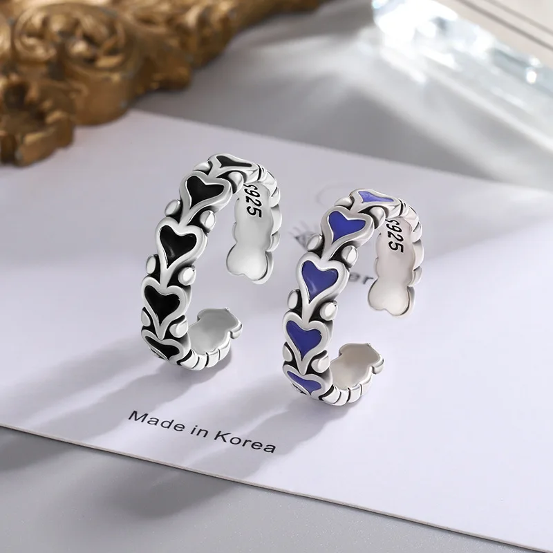 Anillos de plata de ley 925 con corazón negro y azul para mujer, joyería fina de lujo, accesorios de boda, regalo al por mayor, joyería femenina