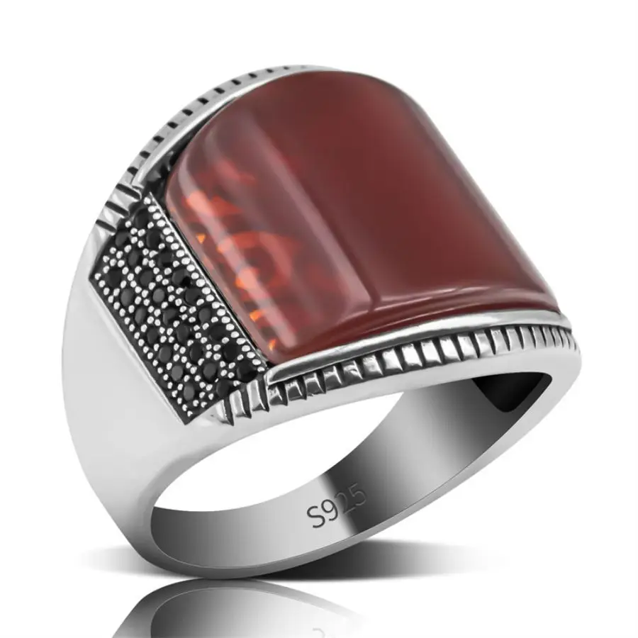 Wholesale Real 925 Sterling Silver Male Ring Vintage Turkish Finger Handmade Ring Natural Stone Ring Silver Red Stone Men