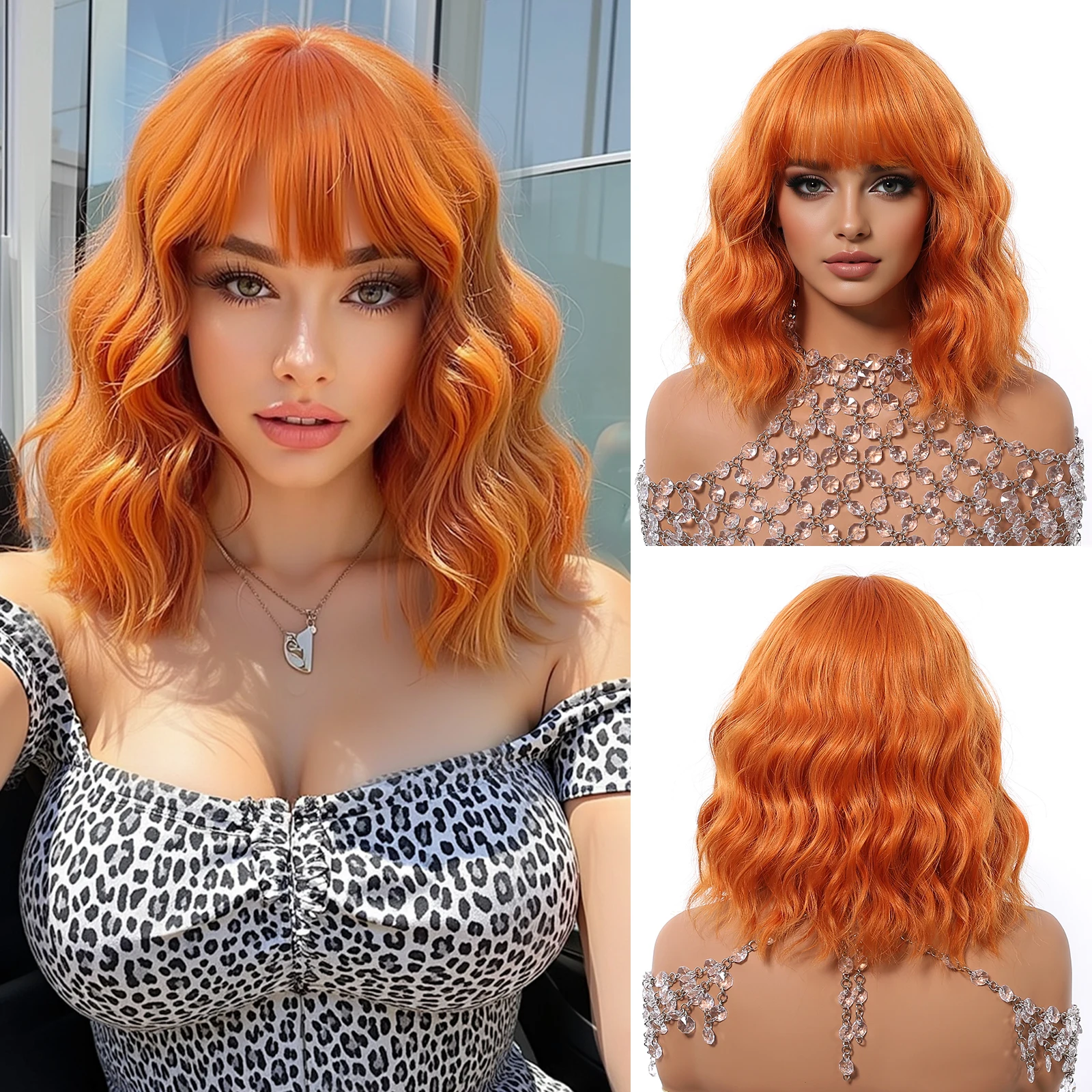 

HENRY MARGU Оранжевые синтетические парики с челкой Короткая волна воды Натуральный боб Ежедневные парики из волос для женщин Использование термостойкого волокна