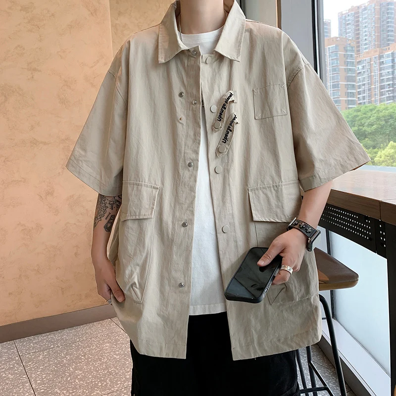 TFETTERS Summer Apricot Men Cargo Shirt Home 2024 Multi Pocket Casual Shirts Half-sleeved Casual Fashion Men Clothing Trend