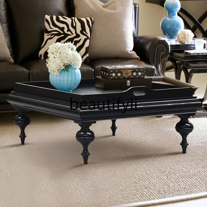 

American solid wood carving retro black square coffee table light luxury living room simple coffee table