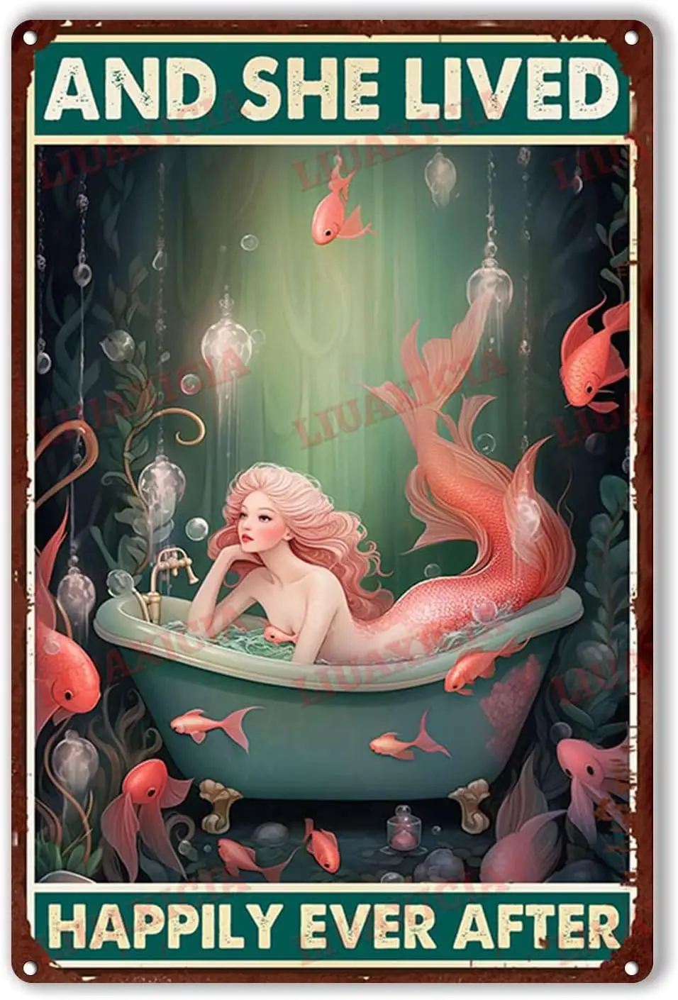 Metal Tin Sign Mermaid And She Lived Happily Ever After for Living Room Bedroom Deccor 8x12inch