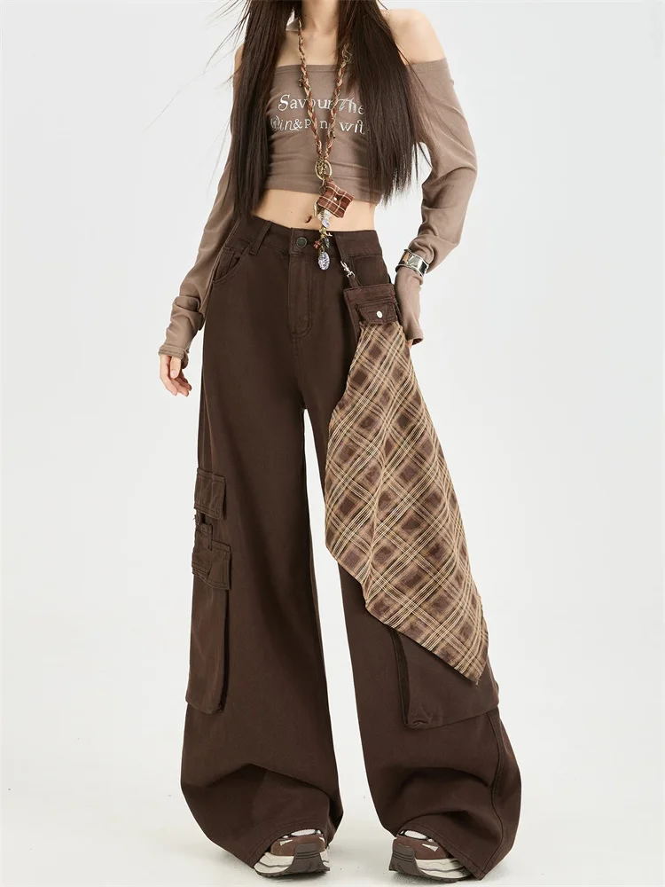 

Винтажные бордово-коричневые джинсы-карго с задними карманами для женщин, осень 2025, новинка, свободные уличные брюки-палаццо с широкими штанинами