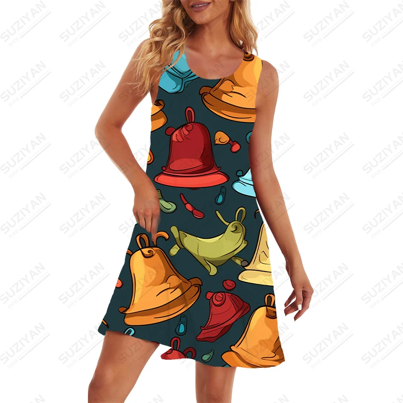 Interesting Colour Bell Printing Pattern Dress Women's Comfortable Soft Dress Casual Sleeveless Dress Summer Round Neck Dress