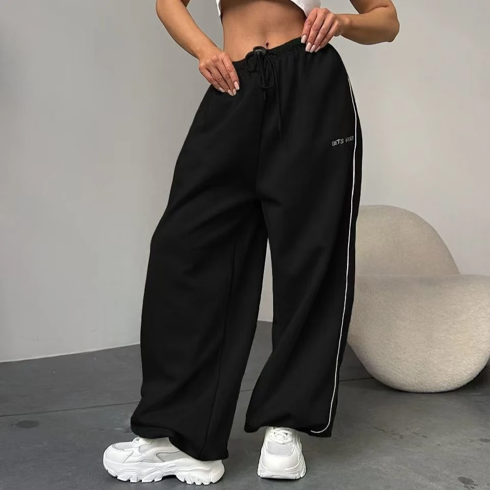 Y2K الأمريكية الأسود الرجعية الهيب هوب المتضخم امرأة موضة Sweatpants غير رسمية فضفاضة سراويل للجري عالية الخصر واسعة الساق الشارع الشهير