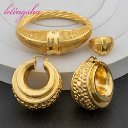 Fashion Round Bangle with Ring Dubai Hoop Earrings for Women African Gold Color Jewelry  Set Wedding Party Gift Accessories