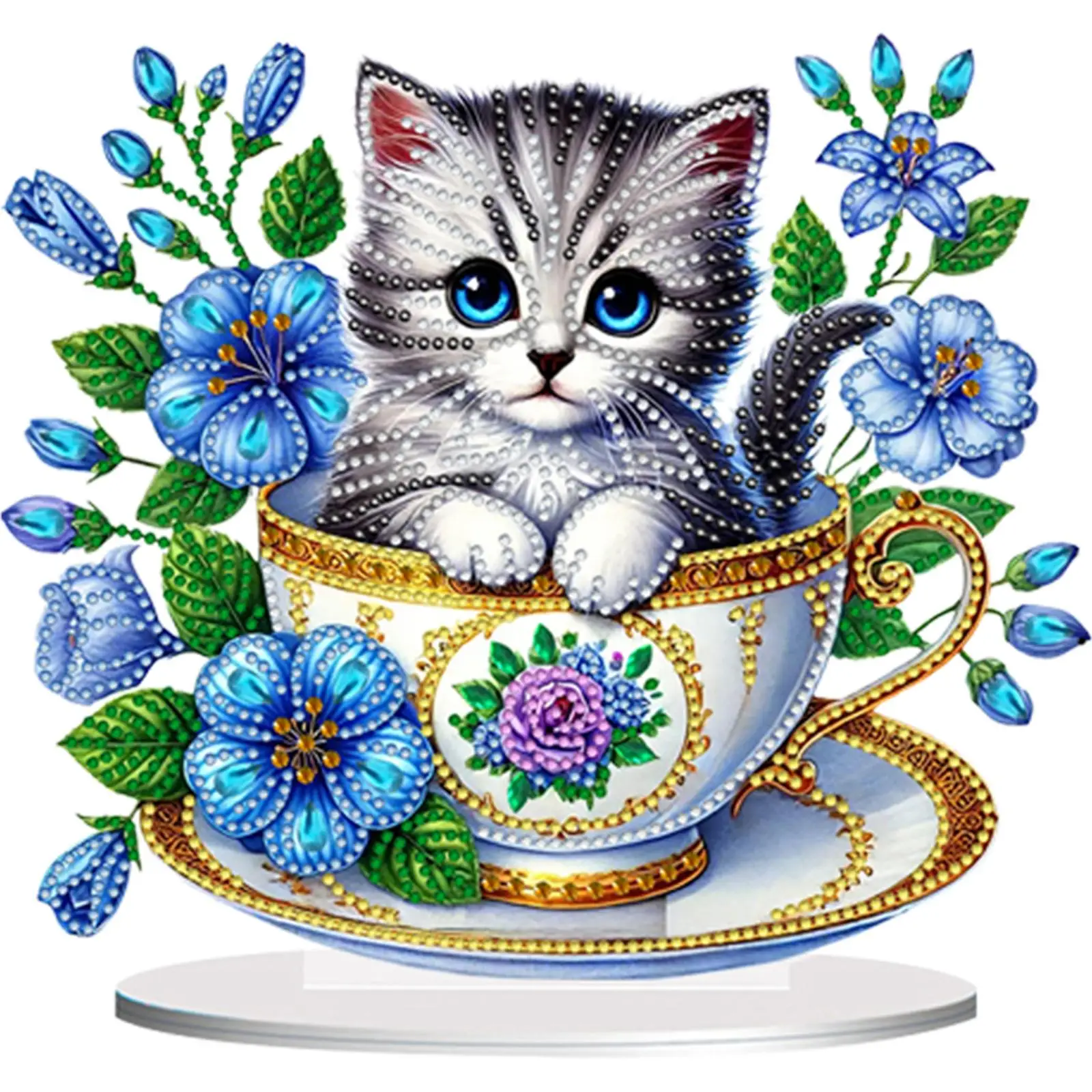 

Наборы для алмазной вышивки: 2D/плоские комплекты с кошкой в чашке, DIY наборы для алмазной живописи на стол, 5D DIY алмазные украшения для столешницы