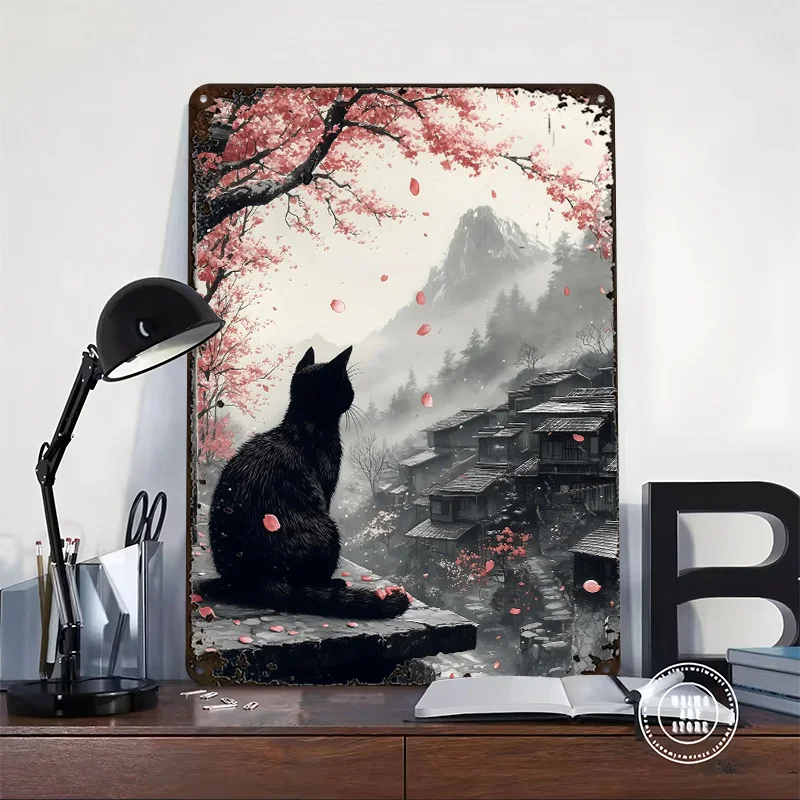 القطة السوداء في القرية اليابانية ملصق معدني علامات معدنية جدار الفن مكتب ديكور مخصص تين تسجيل للديكور المنزل عصا ديكو ريترو #2
