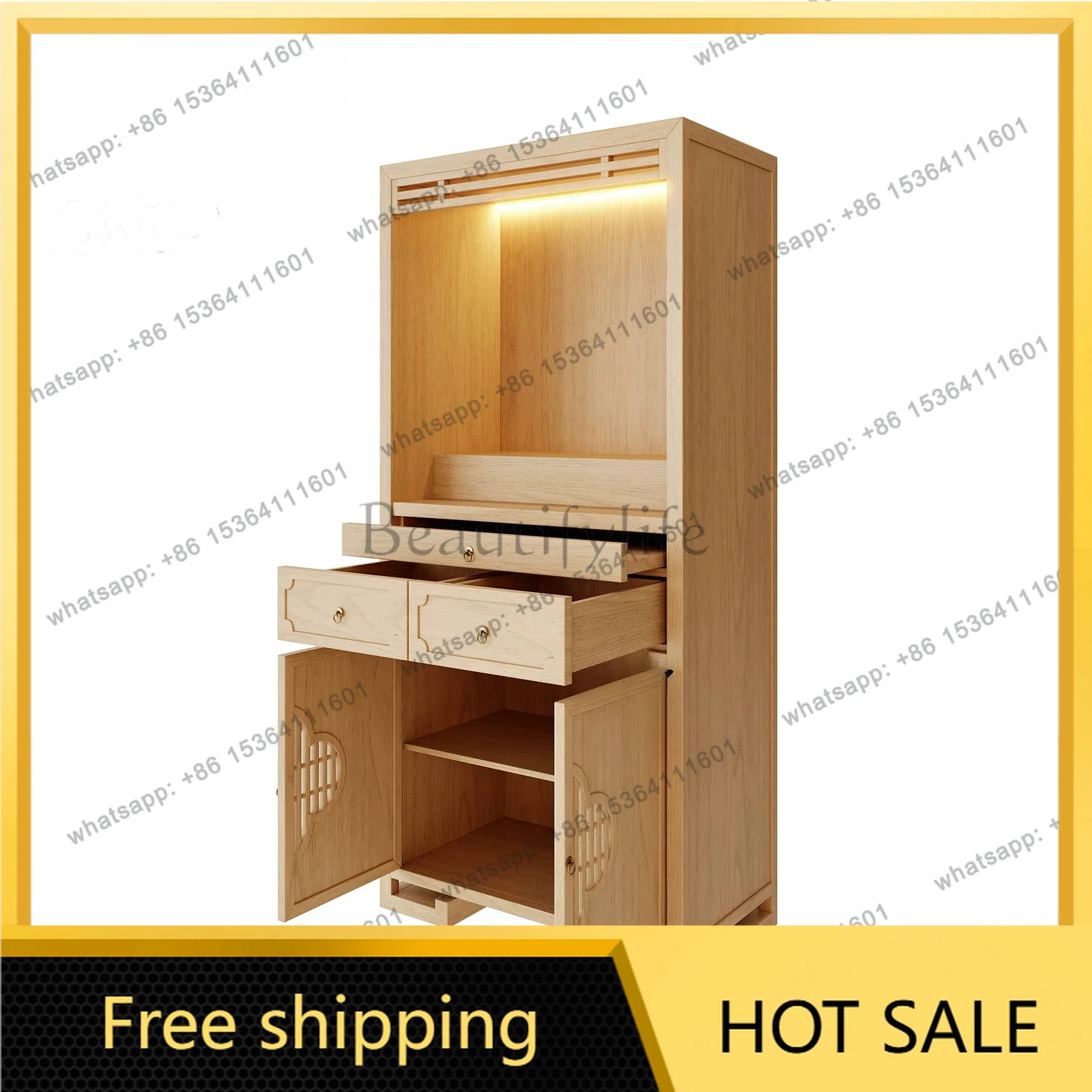 YJ New Chinese Style Solid Wood Standing Shrine Cabinet Household Altar Table For Guanyin God of Wealth Home Incense Stand