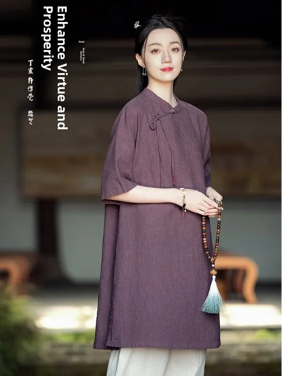 ชุดผู้หญิงผ้าฝ้ายลินินบางเบาสำหรับฤดูร้อน ชุดเสื้อผ้าพุทธศาสนา สไตล์เซน สีพื้นเรียบ คอตั้ง แขนยาวห้าส่วน