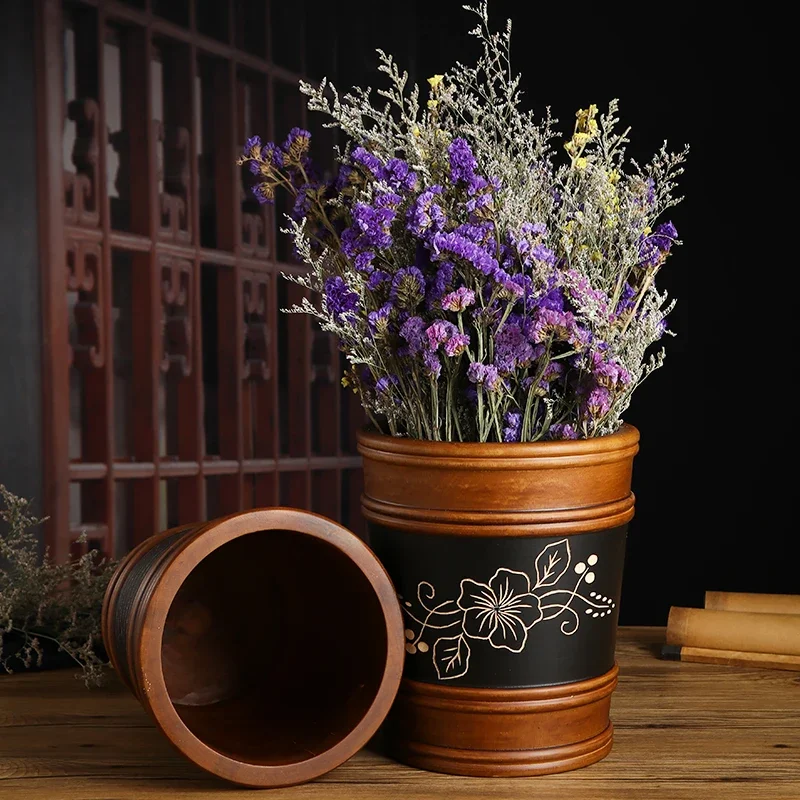 Thai solid wood carved vintage trash can, home living room, tea room, creative round paper basket, toilet garbage basket