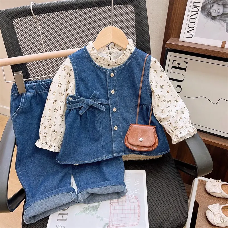Girls 2025 spring  autumn new children's clothing female treasure floral shirt denim vest pants 3-piece set tide 100-140cm