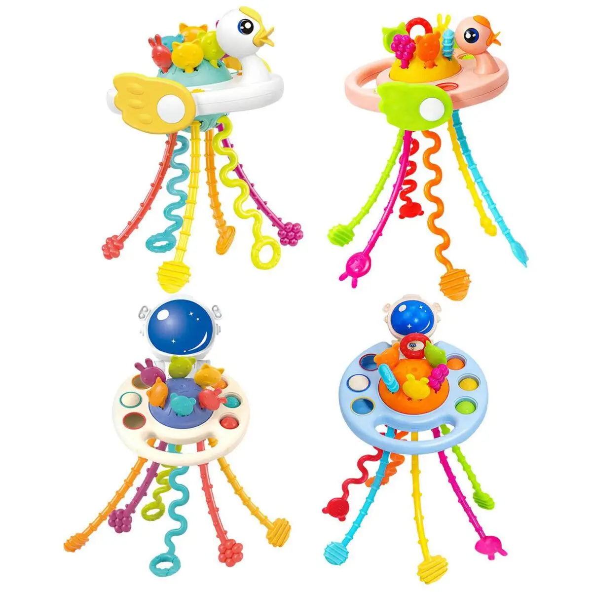 Infant Grasping Toy Cartoon Duck Astronaut Multiple Textures Pull Stick Training Toys Baby Pulling Sensory Toy