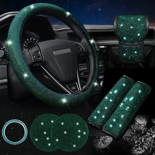 Imagen 2 del producto Juego de accesorios ostentosos para coche de 38cm para mujer, cubierta para volante con diamantes de imitación, fundas para cinturón de seguridad, cubierta de cambio de marchas, almohadillas de copa de diamante