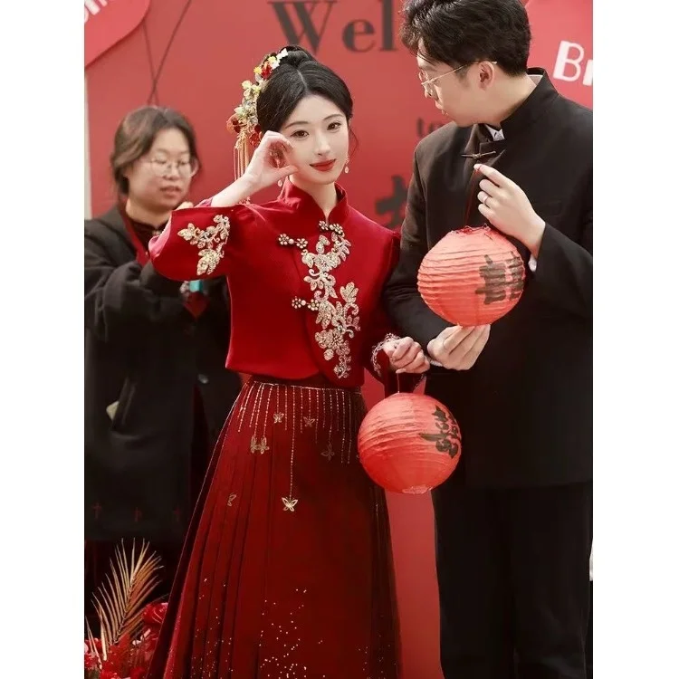 

New Chinese Style Large Size Tailed Skirt Wedding Dress Summer New Red Marriage Ceremony Dress Women's Frock