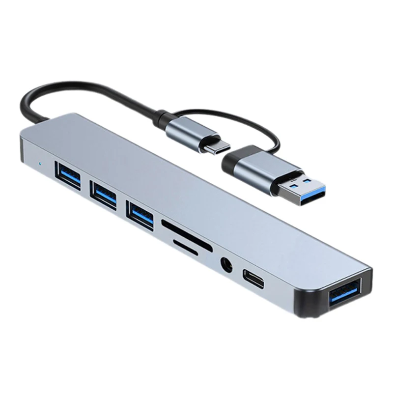 8 in 2 USB Type C HUB Docking Station with 3.5mm Audio Jack Adapter Micro SD TF Card Reader Laptops Tablet Phone Disk Converter