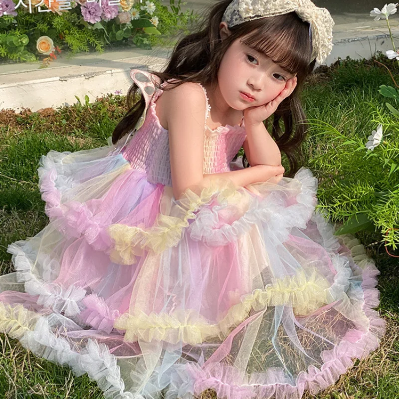 Girl's Rainbow Sling Princess Dress Western Style2024New Summer Baby GirltutuBirthday Cake Tulle Tutu Dress