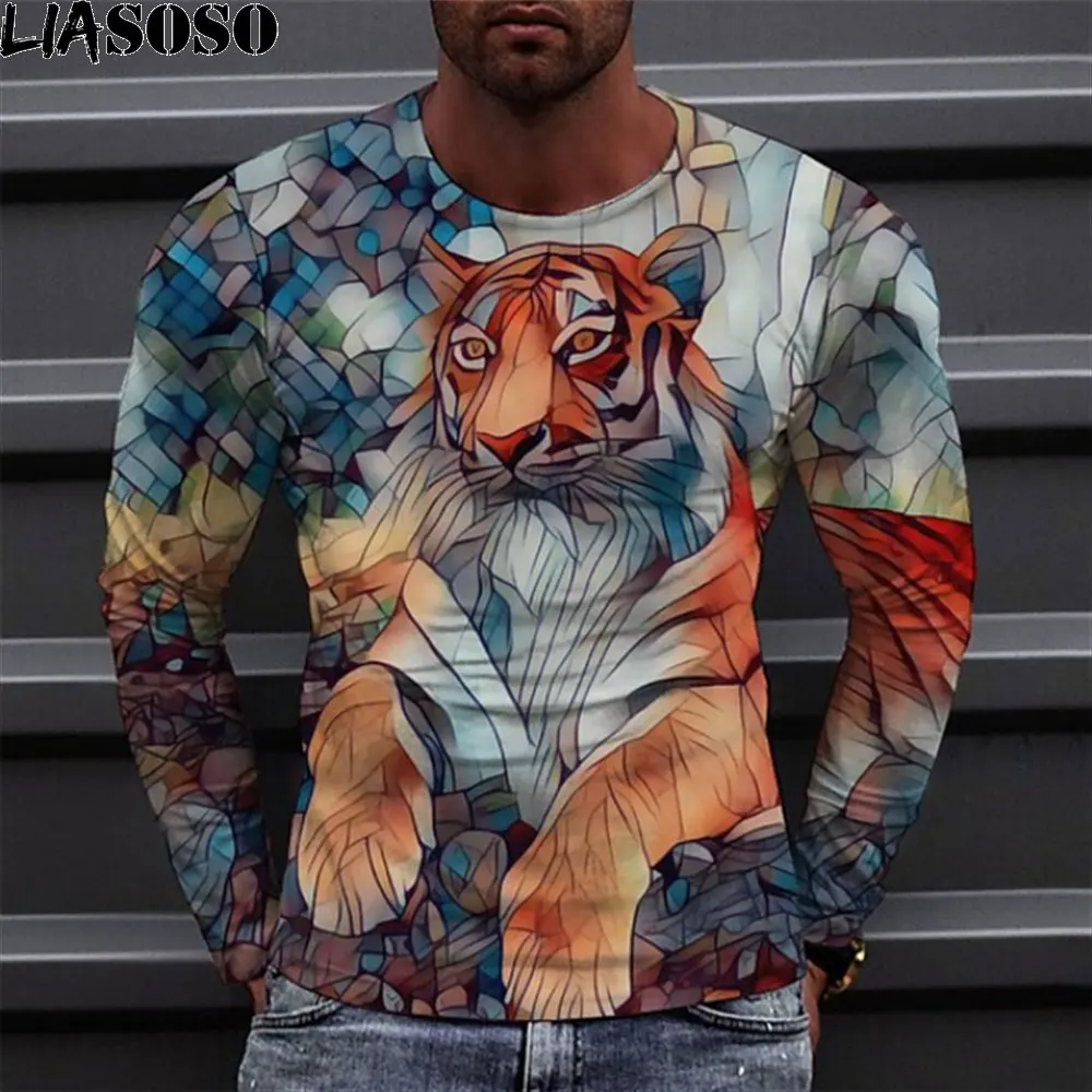 

LIASOSO 3D Print T-shirts Men 2023 Polyester Cool Long Sleeve Male Tshirts Summer Cheetah Animal Funny Tops Fashion Street Tees