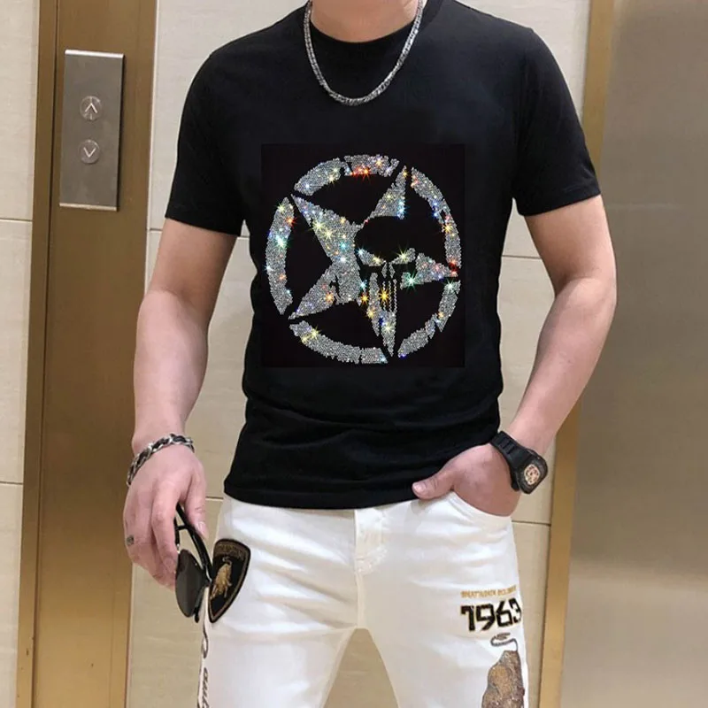 2025 New Youth Fashion short-sleeved  T-shirts Men Round Neck Short Sleeve Tees Tops Diamonds  Male europe style 074