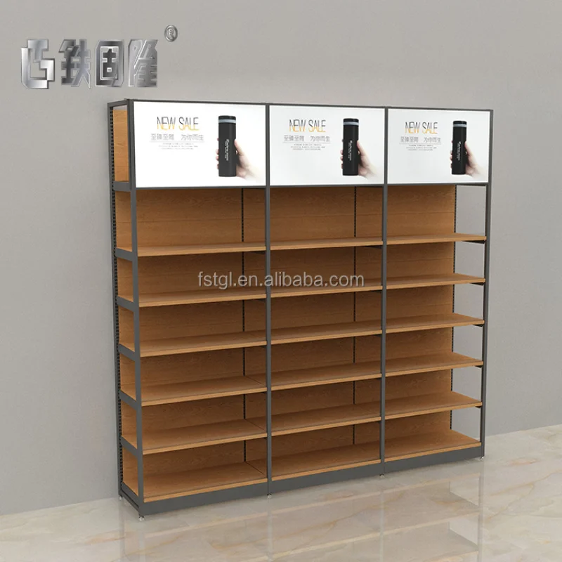 (customized)Good Quality storage shelving backplane style supermarket wooden steel shelf